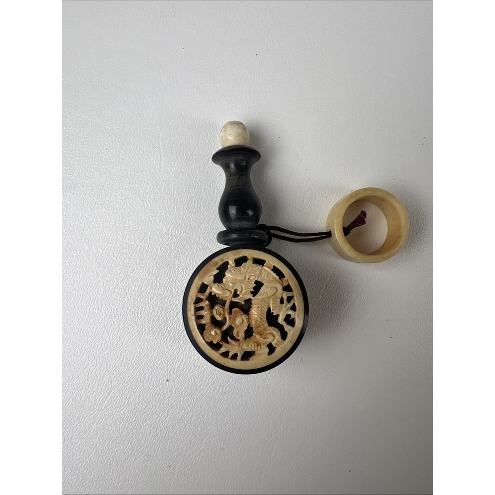 Vintage Chinese Hand Carved Dragon Snuff Bottle with Stopper and Ring Set